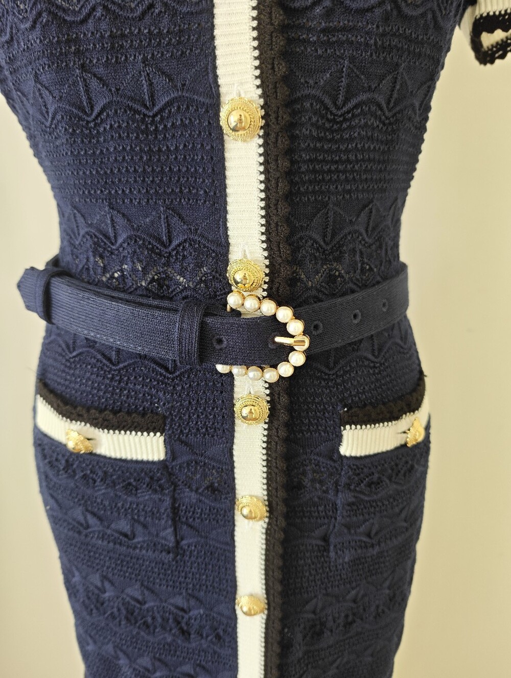 Self Portrait Navy Pointelle Knit Midi Dress - Picture 7 of 14